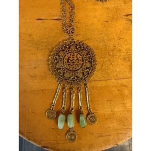 Vintage Signed Goldette Gold Tone Asian Statment Faux Jade Dangles Necklace (716